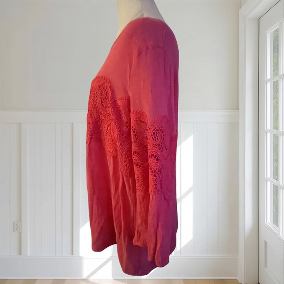 VALERIE STEVENS Women's Pink Crochet Paisley Lace Boho Bell Sleeve Top XL - Picture 7 of 14